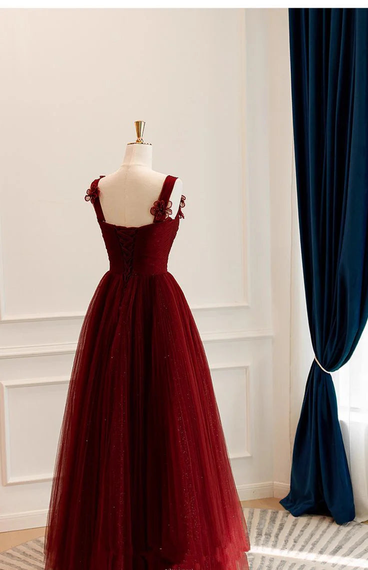 Luolandi Wine Red Straps A-Line Tulle Long Party Dress Formal Evening Dress Prom Dress